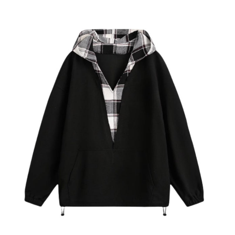 Vintage-Inspired Black Plaid Hoodie