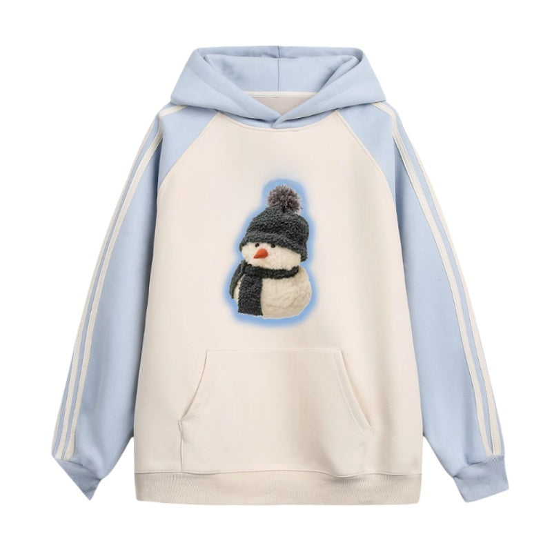 Christmas-Themed Blue Panel Pullover Hoodie
