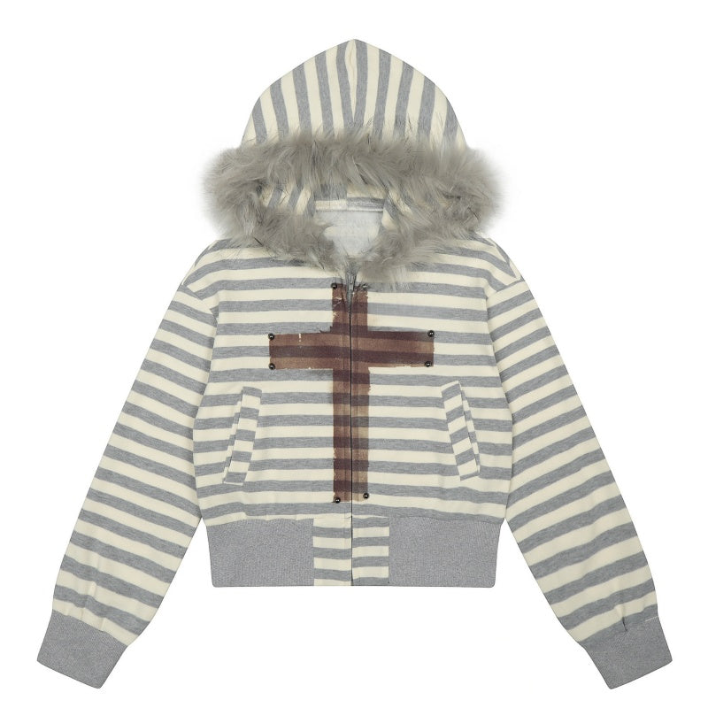 Gray Striped Street-Style Hoodie