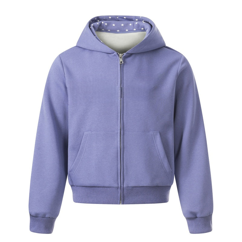 Purple Zip-Up Star Print Hoodie