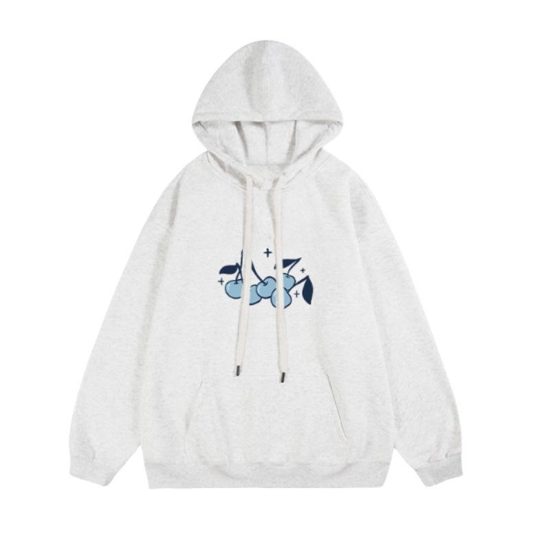 Playful Cherry Design Blue Hoodie