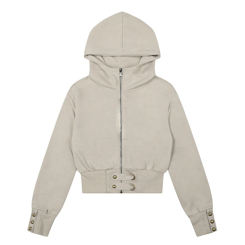 Beige Cropped Zip-Up Cool Hoodie