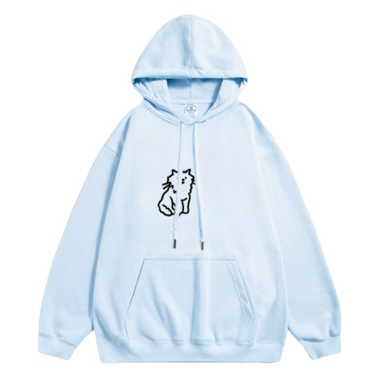 Playful Hand-Drawn Cat Print Hoodie – Blue
